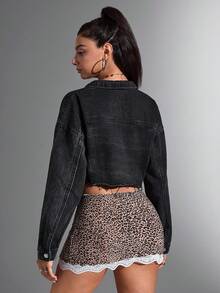 Jeanoix 猫抓纹磨边落肩短款牛仔夹克 - 深灰色 - 查看 2