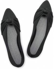 Womens Flat Shoes Classic Pointed Toe Flats Knitted Dress Shoes Soft Comfortable Dressy Flats Women - 黑色/蝴蝶結 - 查看 2