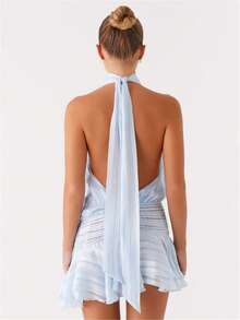 Women's Pleated Waist Sheer Mesh Ruffle Mini Dress Summer Casual Halter Neck High Neck Bodycon Short Dress Self-Tie Backless Sundress Party Clubwear - 藍色 - 查看 7