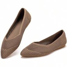 Womens Flat Shoes Classic Pointed Toe Flats Knitted Dress Shoes Soft Comfortable Dressy Flats Women - 棕色網狀物 - 查看 1