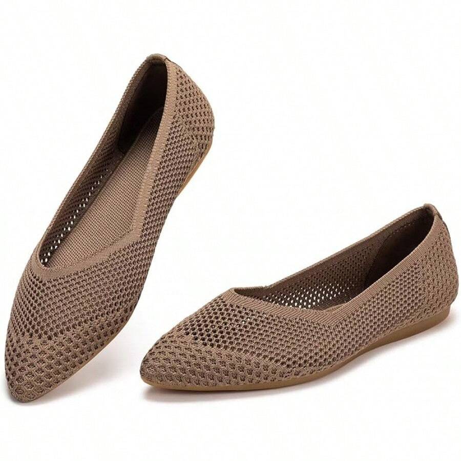 Womens Flat Shoes Classic Pointed Toe Flats Knitted Dress Shoes Soft Comfortable Dressy Flats Women - 棕色網狀物 - 查看 1