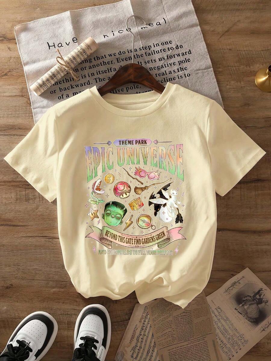 Camiseta con estampado gráfico de letras de dibujos animados, camiseta informal de cuello redondo y manga corta para verano y primavera, camiseta de mujer - Albaricoque - Ver 1