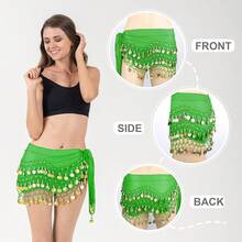 Chiffon Belly Dance Hip Scarf With 128 Coins For Yoga Class - 綠色 - 查看 8
