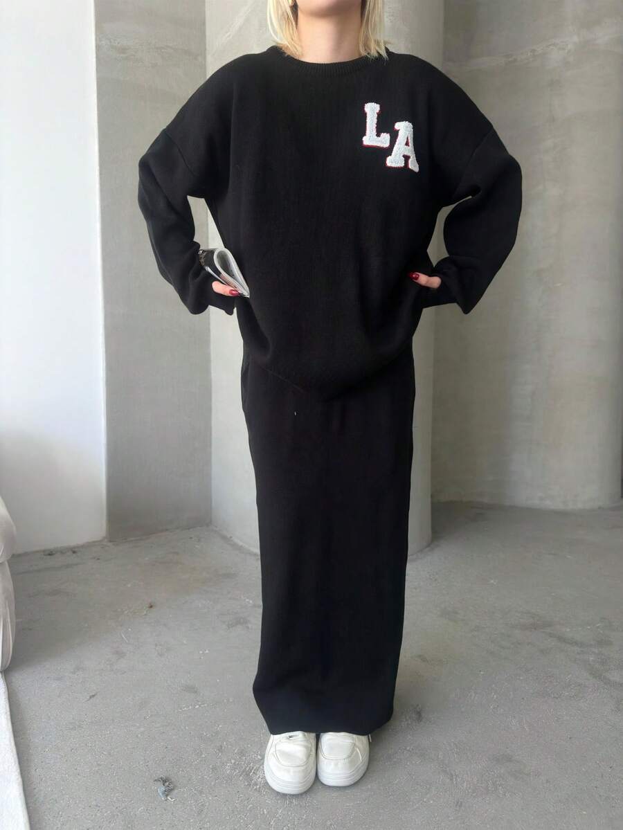 Conjunto de saia com detalhes em botões, cor sólida, casual, com fendas e botões canelados, conjunto coordenado para uso em casa - Preto - Ver 1