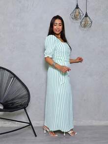 Long Striped Dress With Buttons And Belt - Puff Sleeves - Elegant Model With Elastex - 薄荷綠 - 查看 2