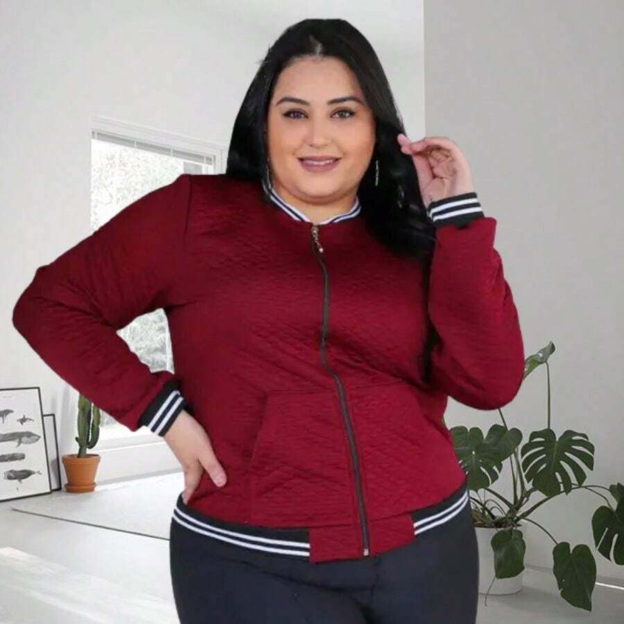 Women's Plus Size Bomber Jacket – Comfortable, Stylish And Ideal For Cold Days - Burgundy - View 1