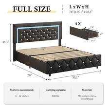 Twin/ Full/ Queen Bed Frame With Drawers, Upholstered Bed Frame With LED Lights, Modern Platform Bed Frame With Headboard And Footboard, Diamond Tufted Design, No Box Spring Needed, White/ Pink/ Black/ Purple/ Yellow (Twin Size 2 Drawers/ Other Size 4 Drawers) * Bed Frame Queen Bed Frame Bed Queen Bed Frame King Bed Frame Bedroom Furniture Bed Frame Full Full Size Bed Frame Twin Bed Frame Beds Cozy Bedroom Home Bedroom Refresh Room Decor Home Decor Christmas Decor Bedroom Decor Valentine Day Decor Storage Living Room Decor Furniture House Decor Halloween Decorations  ( USB LED Strip) - 黑色 - 查看 8
