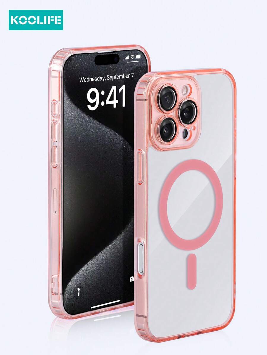 1pc Koolife Magnetic Wireless Charging Full Body Protective Case With Lens Film, Anti-Fall Airbag, PC+TPU Material, Compatible With IPhone 17 Pro Max/17/17 Pro/17 Air/11/12/12 Pro/12 Plus/13/13 Pro/13 Pro Max/14/14 Pro/14 Pro Max/15/15 Plus/15 Pro/15 Pro Max/16/16 Plus/16 Pro/16 Pro Max/16e - Pink - View 1