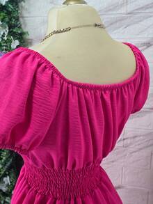 vestido liso   casual  abajo de la rodilla , con corbatin en la parte del busto  Liso    Casual    Tela    Bajo con volante  Nudo  Fruncido    vestido  Vacaciones  Casa  Diario  Jardín  Calle  viaje    PRIMAVERA - Rosa Fucsia - Ver 4