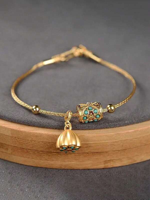 1 pieza Brazalete ajustable con flor de loto de turquesa chapado en oro vintage, joyería de estilo retro elegante apta para el uso diario de las mujeres