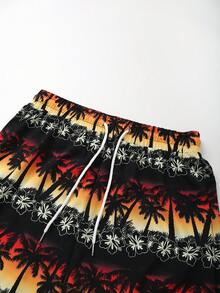 1 Set Men's Casual Coconut Tree Print Shirt & Shorts Suit, Summer - Black - View 3