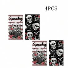 Halloween Gothic Skull Kitchen Dish Towels Set Of 2/4/6/48, Spooky Black Pumpkin Rose Flower Drying Hand Towels Baking Cooking Cloth, Stripes Spider Web Bat Holiday Home Kitchen Decoration