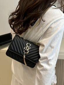 Women's Fashion Solid Color PU Leather Quilted Shoulder Bag, Multifunctional Flap Chain  For Party/Evening, - Black - View 3
