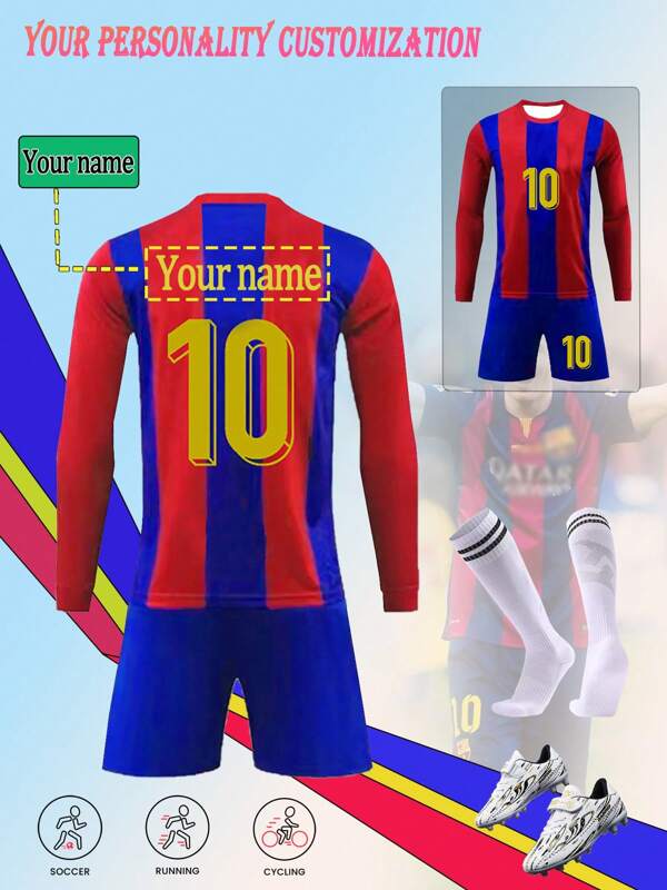 [Artículo personalizado] Conjunto de 2 piezas de camiseta y pantalones cortos personalizados con el nombre y el número 10 de la camiseta de fútbol del Barcelona, cuello redondo, manga larga, de poliéster, adecuado para deportes, entrenamiento y uso diario, opción perfecta para actividades al aire libre