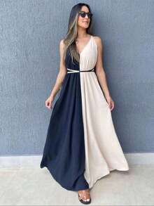 Women's Long Biocolor Dress Comfortable Gender Reveal Party - 黑色/米色 - 查看 2