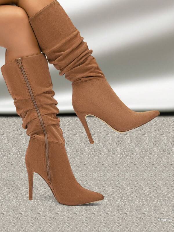 Stivali da donna con punta affusolata  e tacco a spillo, stivali a gamba larga e sexy, stivali alla moda con cerniera laterale in stile retrò occidentale di colore unito sopra il ginocchio, adatti per l'autunno/inverno