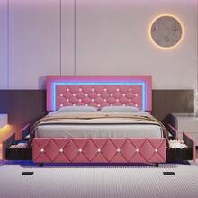 Twin/ Full/ Queen Bed Frame With Drawers, Upholstered Bed Frame With LED Lights, Modern Platform Bed Frame With Headboard And Footboard, Diamond Tufted Design, No Box Spring Needed, White/ Pink/ Black/ Purple/ Yellow (Twin Size 2 Drawers/ Other Size 4 Drawers) * Bed Frame Queen Bed Frame Bed Queen Bed Frame King Bed Frame Bedroom Furniture Bed Frame Full Full Size Bed Frame Twin Bed Frame Beds Cozy Bedroom Home Bedroom Refresh Room Decor Home Decor Christmas Decor Bedroom Decor Valentine Day Decor Storage Living Room Decor Furniture House Decor Halloween Decorations  ( USB LED Strip) - 粉色 - 查看 6