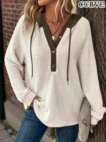 Plus Women's Solid Color With Drawstring Long Sleeved Hooded Sweatshirt Fall Clothes - Màu be - Xem 1