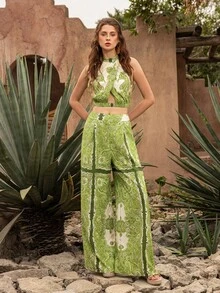 Faeriesty BohoBloom 女士两件套：露背无袖短款上衣搭配飘逸阔腿裤。适合休闲漫步、周末度假、海滩休闲和日常出行。 - 綠色 - 查看 7