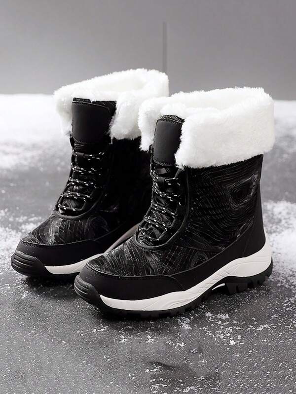 Women's Fashion Versatile Breathable Casual Ankle Boots, Black Snow Boots With Gothic/Punk Style Faux Fur Patchwork