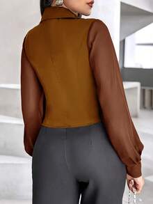 Women Solid Color Mottled Lapel Mesh Long Sleeve Single-Breasted Shirt Spring - Embroidery Yellow Brown - View 3