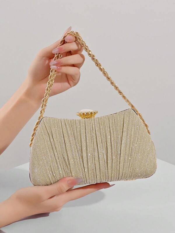1pc Women Solid Color Ruched Texture Chain Strap Handbag, Elegant, Luxury, Compact, Versatile Glitter Sequin Clutch Bag For Party, Evening Gown, Shopping, Gift