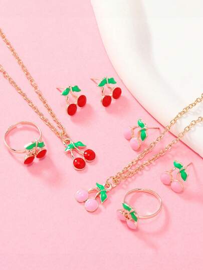 8-teiliges Set bunte Einhorn- & Cartoon Kirsch Schmuckkollektion, 2 Ringe, 2 Ohrringe, 2 Halsketten, geeignet für Mädchen für den täglichen Gebrauch, Partys, Geburtstage, Feiertage, BFF Geschenke