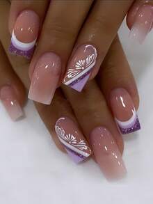 24 件套中号方形裸色渐变假指甲按压式紫色闪光法式指甲贴全覆盖假指甲带白色花瓣图案亚克力指甲艺术套装女士美甲用品