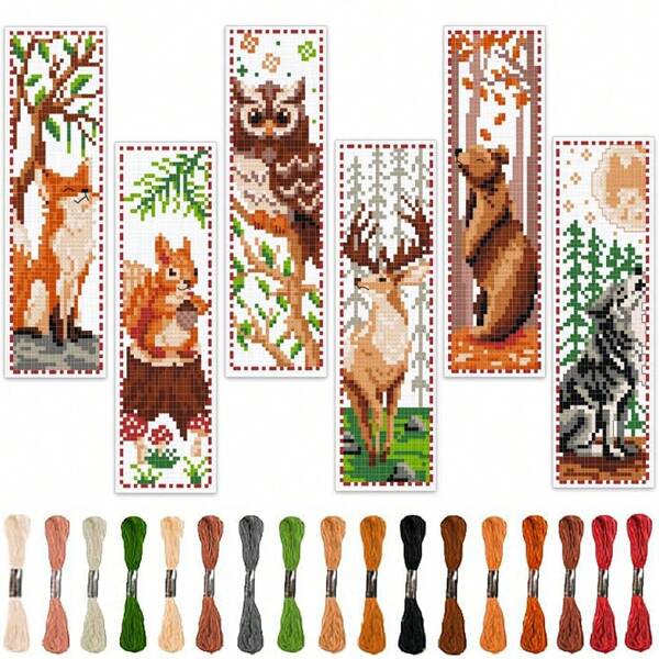 6pcs Forest Animal Theme Cross Stitch Bookmark DIY Handmade Craft Kit - Includes Fox, Squirrel, Owl, Wolf, Brown Bear Pattern Cross Stitch Embroidery Sewing Bookmark Art Set - Contains 6 Printed Cross Stitch Fabrics, Ample Floss, Stitching Tools (Random Color) And English Instructions - Suitable For Sewing Crafters And Beginners - Can Be Used As Home Decor Or Book Markers