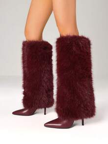 Women's Y2K Furry Fluffy Fold Over Knee High Boots Fashion Pointed Toe Stiletto High Heels Sexy Elegant Faux Fur Long Boots Woman - Màu Đỏ Sâu - Xem 1