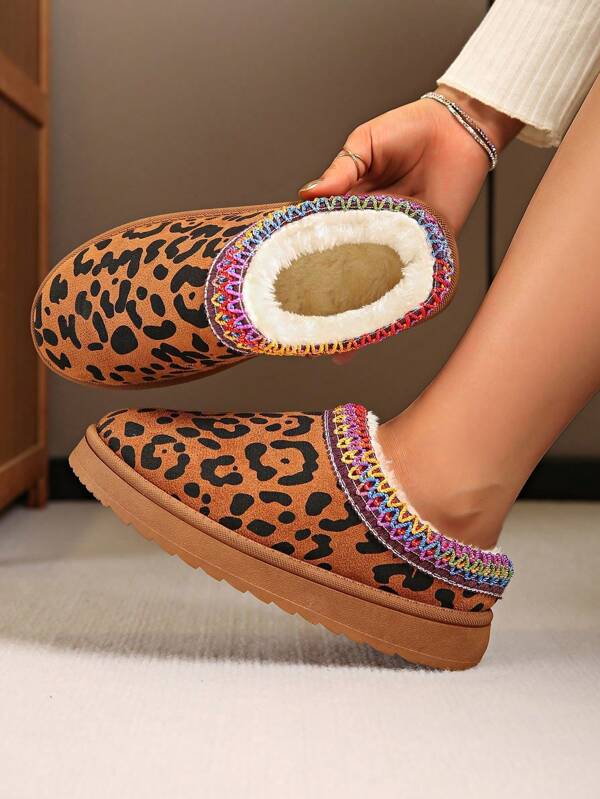 Damskie, jesienno-zimowe, dzianinowe, kolorowe, wsuwane kapcie z nadrukiem w panterkę w stylu retro, wygodne, grube, ciepłe, śniegowce