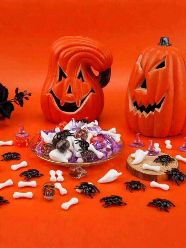40/100pcs Halloween Themed Mini Decorations, Skull/Bone/Pumpkin/Wizard Shaped Accessories (Random Color), Holiday Gifts