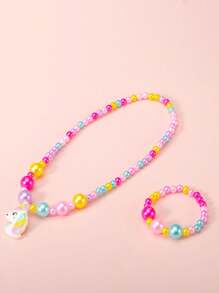Set de 2 piezas de pulsera y collar con cuentas con diseño de unicornio lindo para niñas, accesorios de joyería de princesa, adecuado para fiestas de niñas y regalos de cumpleaños