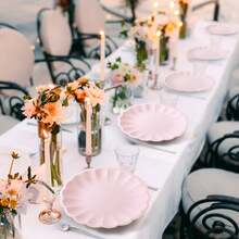 10pcs/20pcs/40pcs/50pcs,Pink Scalloped Paper Plates,Cups And Napkins Set, Fan Shaped Paper Plate 9 Inch 7 Inch Shell Edge Disposable Dinner Tray Paper Cup Paper Towel Birthday Wedding Party Decoration (Pink) Mother's Day Gift Wedding Birthday Party Supplies Daily Picnic Camping Tray - Pink - View 3