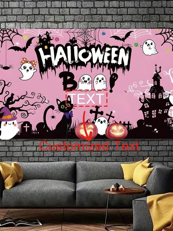 1pc Happy Halloween Pink Cute Custom Background, Banner - Customizable Text, Fun Party Decor With Pumpkins, Ghosts, Cats & Spiderwebs - Great For Living Room, Bedroom, Office & Outdoor Celebrations, No Electricity Halloween Decoration