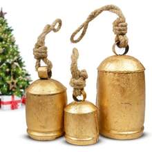 Set Of 3 Large Rustic Gold Christmas Bells For Decorations Ideal For Door Hanging Stairs Walls - Large - View 1