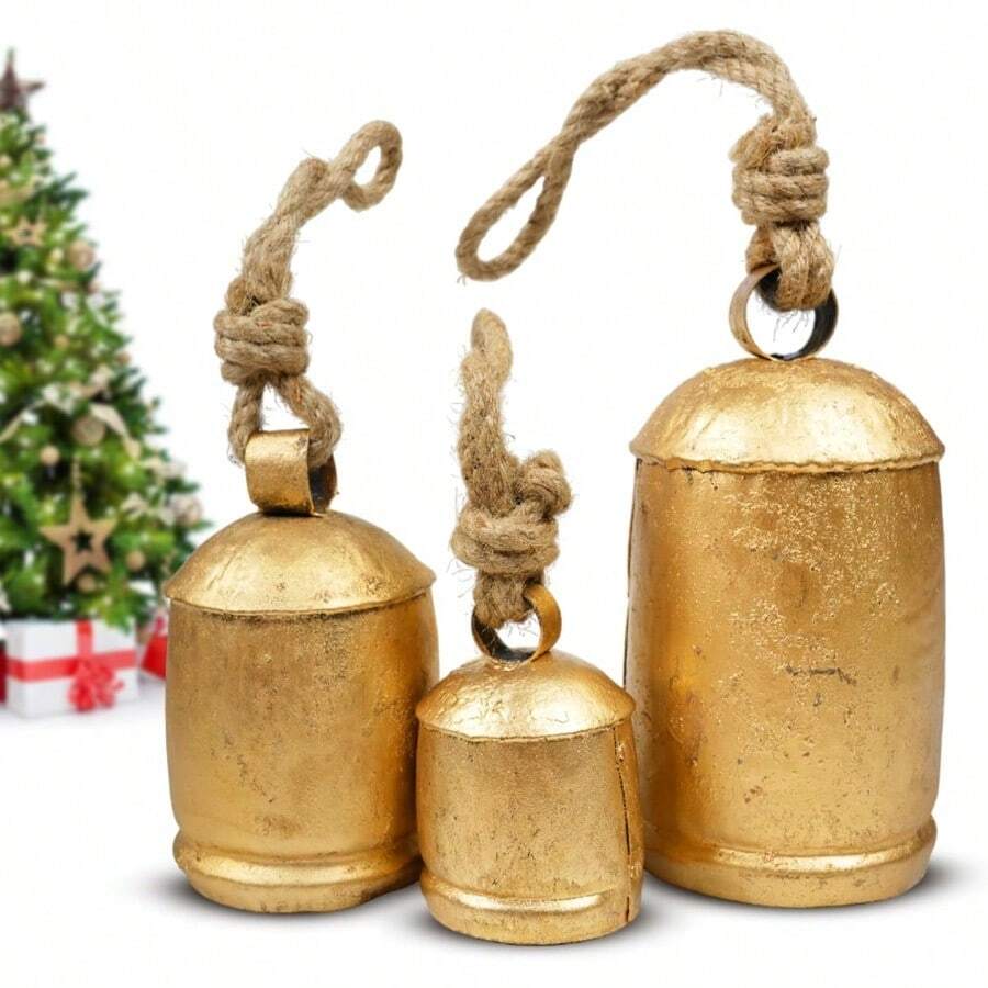 Set Of 3 Large Rustic Gold Christmas Bells For Decorations Ideal For Door Hanging Stairs Walls - Large - View 1
