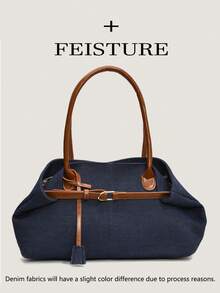 1 pieza Bolso de mano de mezclilla con efecto lavado, bolso de hombro con decoración de correa, cierre magnético - Azul lavado oscuro - Ver 10