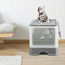 Große Katzentoilette mit 2 Kanälen, geschlossenes Design, mit Schublade, Schaufel, schmutzabweisend, auslaufsicher, 50 x 37 x 38 cm - Grau - Übersicht 3