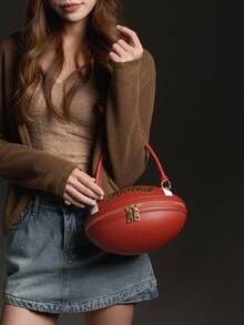 Dancing Engine Football Shaped Handbag, Luxury Designer One Shoulder & Crossbody Round Bag - 棕色 - 查看 4