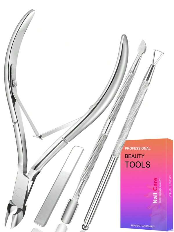 4 PCS Nail Care Kit, Cuticle Trimmer, Nail Cuticle Nippers, Cuticle Pusher, Stainless Steel, Nail Lifter, Nail Cuticle Pushers, Manicure And Pedicure Kit