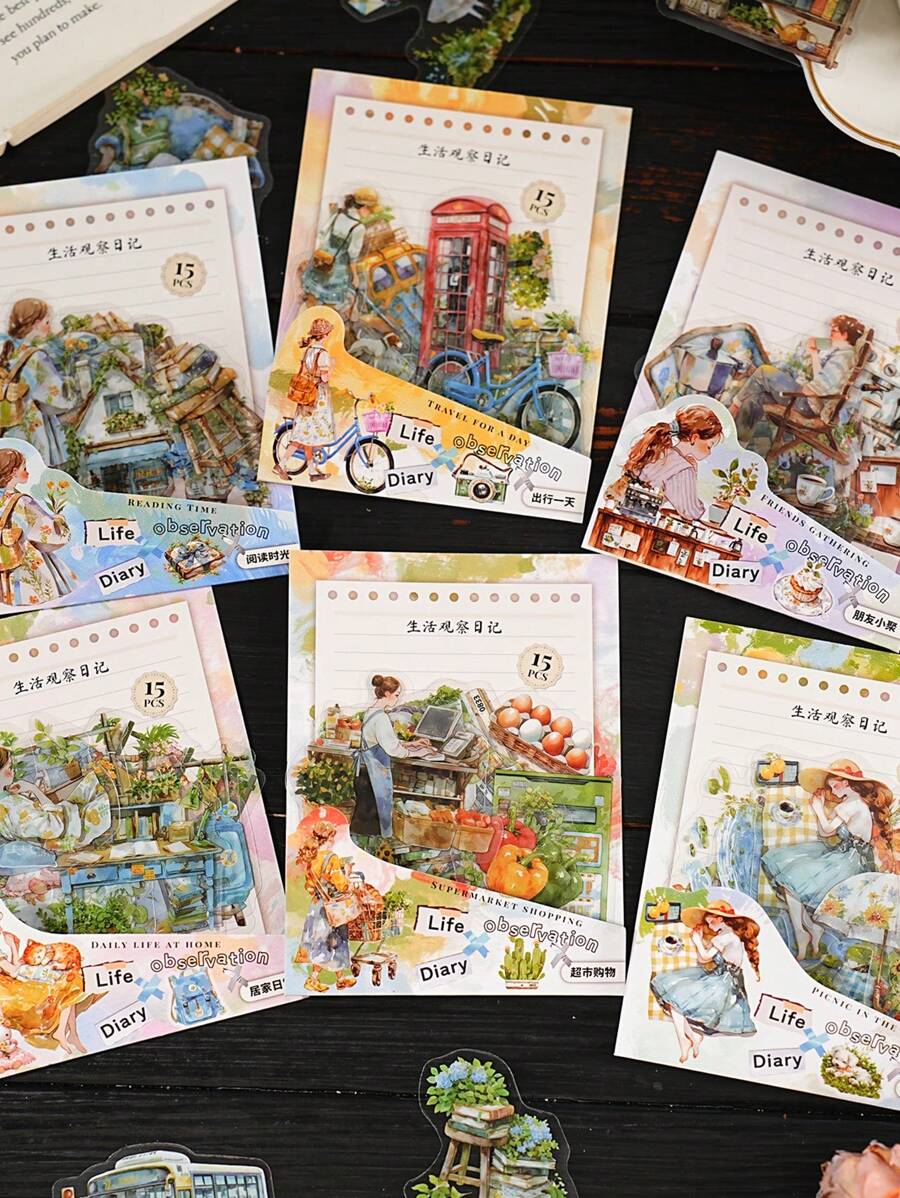 15 件 PET 复古 DIY 笔记本装饰贴纸，生活观察日记系列，适用于礼物、办公室、家庭、标记、标签、教室、娱乐玩具、学生计划器、创意复古卡片制作、DIY 装饰贴纸、用于学校用品、返校