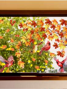 1 pièce Autocollants de fenêtre pour la décoration d'automne à la maison, avec série de petits oiseaux dessinés à la main et de branches, y compris un cardinal, des feuilles d'érable doré, un bulbul, un perroquet, des branches de moineaux. Autocollants statiques pour la chambre, le salon, la cuisine, la salle de bain, l'armoire