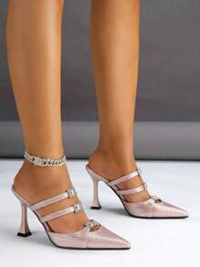 女士时尚水晶扣尖头高跟鞋