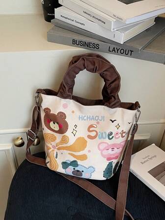 Niche Design Illustration Handbag, Cute Cartoon Flock Print Canvas Tote Bag, Women's Casual Shoulder Messenger Bucket Bag