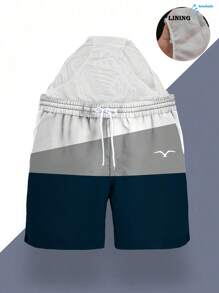 Men's Summer Printed Pattern Drawstring Waist Slant Pocket Hawaiian Quick-Dry Double-Layer Mesh Lined Shorts, Seagull Contrast Color 3D Artistic Print, Fashionable Casual Beach Resort Swim Trunks