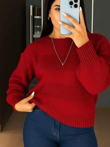 Women's Knitted Blouse With Striped Details - Red - View 2
