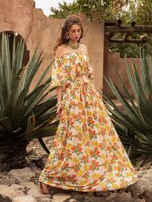 Faeriesty BohoBloom Bohemian Style Women's 2-Piece Set, Off-Shoulder Ruffle Blouse Paired With A-Line Skirt - Ideal For Casual Park Strolls, Weekend Country Getaways, Beach Walks, Picnics, And Leisure Outings With Friends - Orange - View 9