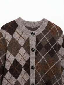 山茶花女装秋冬新款菱格纹长袖单排扣休闲开衫 - 棕色 - 查看 7