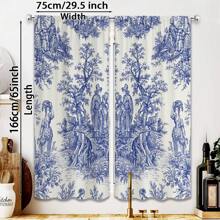2pcs Blue Toile De Jouy Style Blackout Curtains - Elegant Floral Design, Grommet Top, Thermal Insulating & Light Blocking For Living Room And Bedroom Decor, Polyester Material, Wrinkle-Resistant, Curtains For Living Room